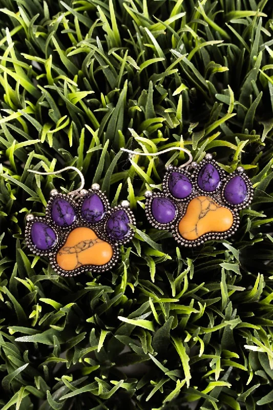 Rhinestone Drop Earrings for Sparkle -Purple and Yellow Silvertone Paw Print Earrings