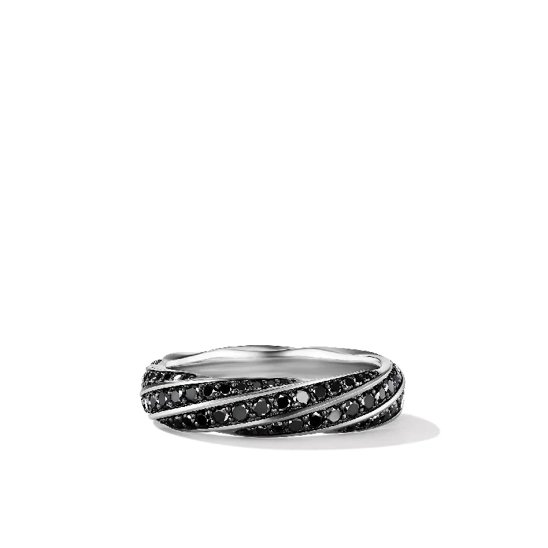 Rings with peacock ore for iridescent glow -Sterling Silver Cable Edge Band Ring with Black Diamonds