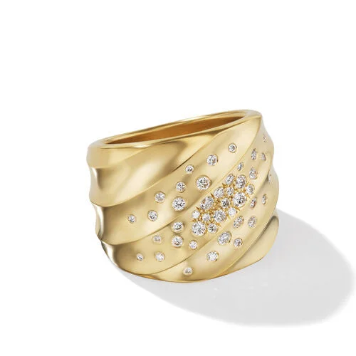 Rings with vintage-inspired rose-cut diamonds -Cable Edge Saddle Ring in Recycled 18K Yellow Gold with Pavé Diamonds