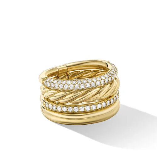 Handcrafted rings with raw emerald rough stones -DY Mercer Multi Row Ring in 18K Yellow Gold with Pavé Diamonds, Size 8