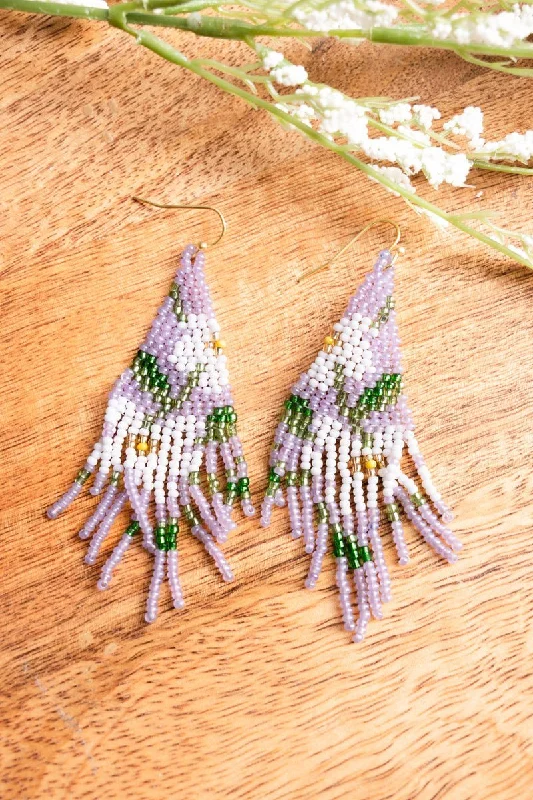 Drop Earrings with Floral Motifs -SALE! Floral Lavender Multi Seed Bead Fringe Earrings