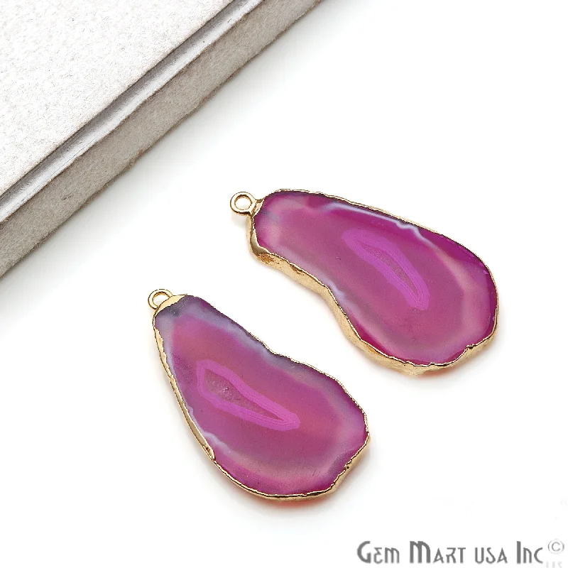 Rings with hammered silver for rustic appeal -Agate Slice 42x20mm Organic  Gold Electroplated Gemstone Earring Connector 1 Pair