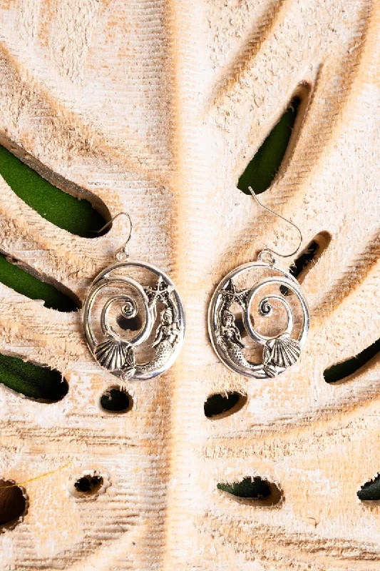 Punk Drop Earrings with Spikes -SALE! Silvertone Mermaid Swirl Disk Earrings