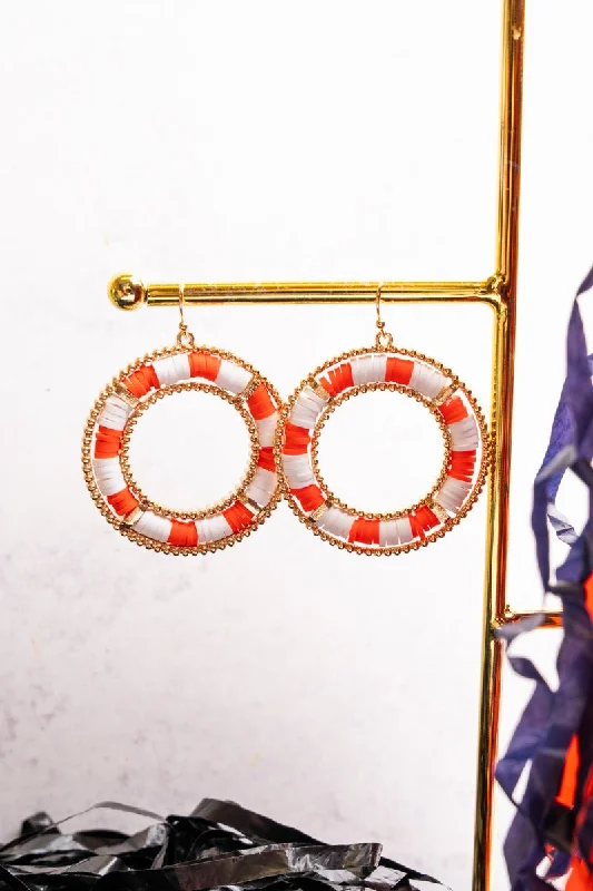 Ethnic Drop Earrings with Tribal Design -Orange and White Vinyl Disk Beaded Earrings