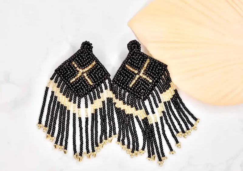 Maximalist Drop Earrings for Bling -Black & Gold Diamond Fringe Earrings