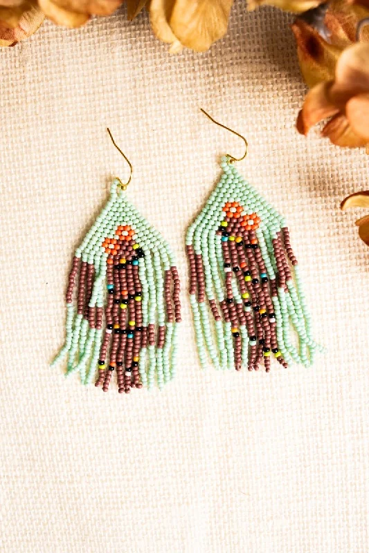 Drop Earrings with Abstract Designs -SALE! Cactus Grove Brown Multi Seed Bead Fringe Earrings