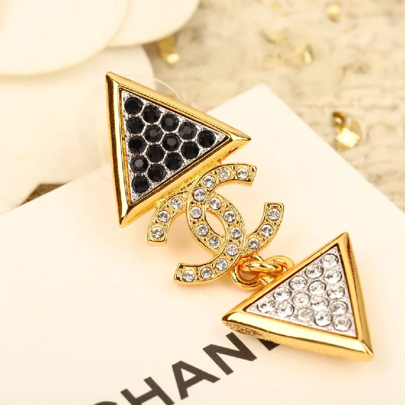 Gold Drop Earrings for Women -Golden Double C Triangle Black and White Diamond Earrings EHA165