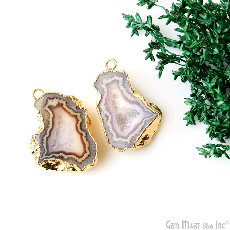 Rings with pink sapphire for delicate charm -Geode Druzy 22x37mm Organic Gold Electroplated Single Bail Gemstone Earring Connector 1 Pair