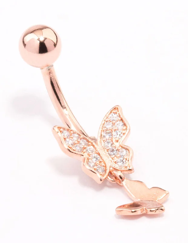 Rings with tiger eye bands for warmth -Rose Gold Plated Surgical Steel Double Butterfly Belly Ring