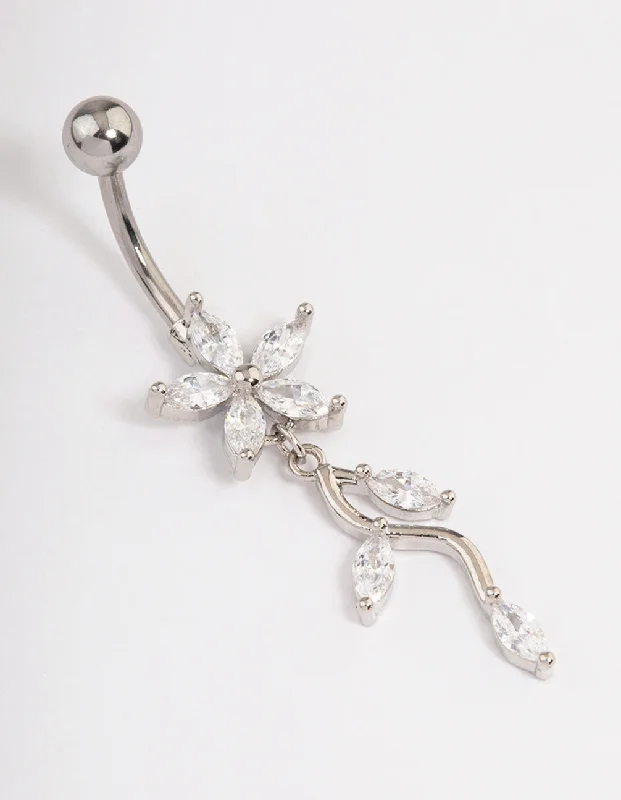 Rings with etched floral bands for detail -Surgical Steel Cubic Zirconia Flower Drop Belly Ring