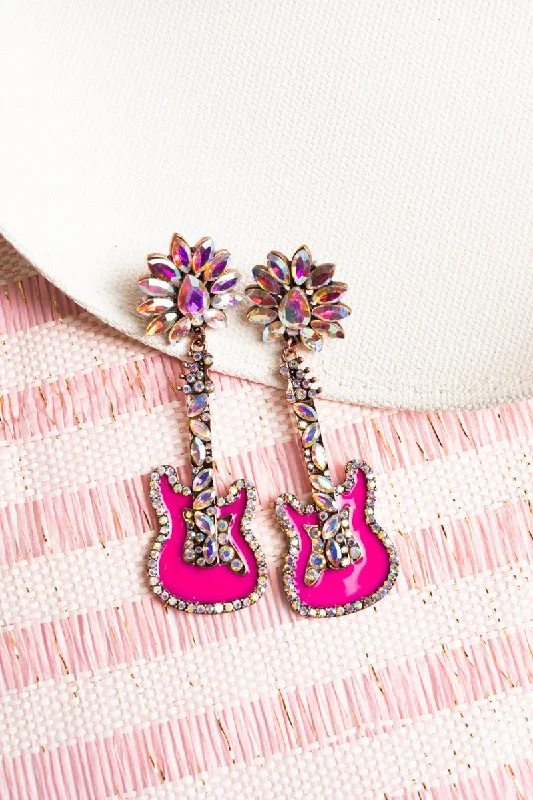 Drop Earrings with Etched Designs -TIPI Iridescent Crystal Pink Coppertone Guitar Earrings