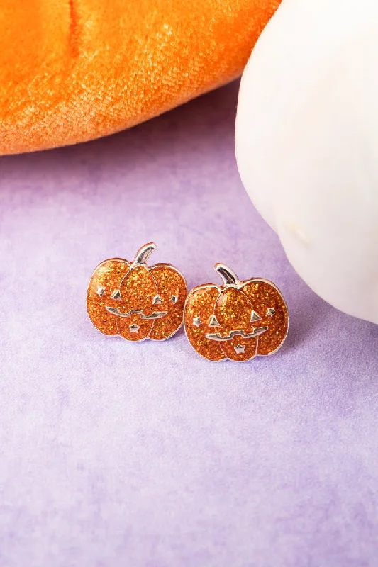 Drop Earrings with Animal Motifs -Glittery Orange Jack-O-Lantern Earrings