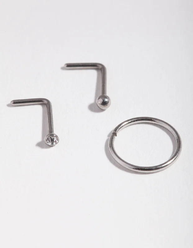 Rings with wave patterns for ocean vibes -Surgical Steel Rhodium Diamond Nose Ring Pack