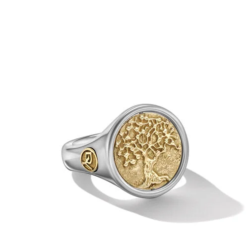 Rings with spiral ruby for bold twist -Life and Death Duality Signet Ring in Sterling Silver with 18K Yellow Gold, Size 11