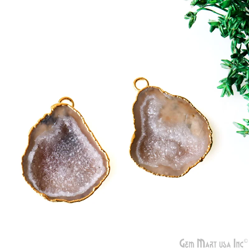 Rings with matte gold for subtle luxury -Geode Druzy 32x26mm Organic Gold Electroplated Single Bail Gemstone Earring Connector 1 Pair