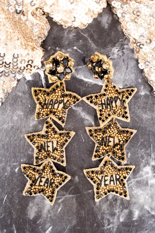 Drop Earrings for Wellness Routine -Viola Black and Gold Happy New Year Star Trio Earrings