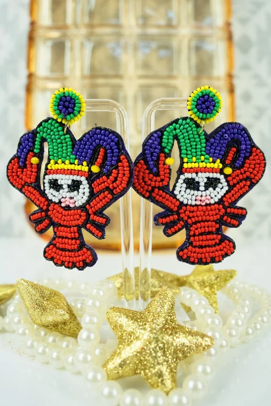 Drop Earrings for Everyday Glamour -Viola Bejeweled Mardi Gras Crayfish Seed Bead Earrings