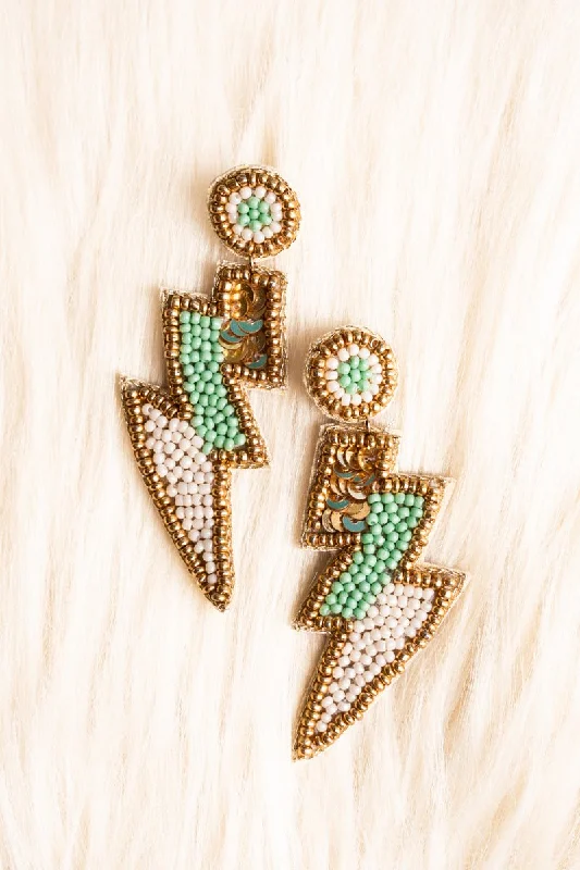 Drop Earrings for Graduation Day -SALE! Gold Trimmed Mint and Ivory Seed Bead Thunderbolt Earrings