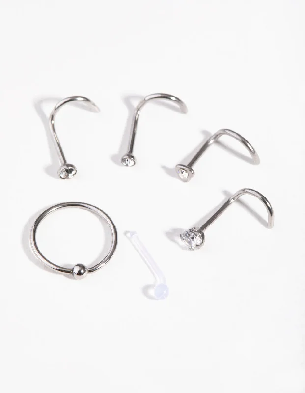 Rings with double bands for modern twist -Surgical Steel Mixed Diamante Nose Stud & Ring 6-Pack