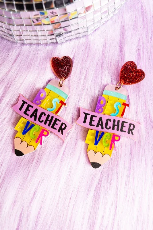 Drop Earrings for Birthday Celebration -Viola Best Teacher Ever Pencil Acrylic Earrings