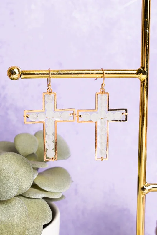 Drop Earrings with Abstract Designs -Feeling Blessed Ivory Stone Cross Earrings