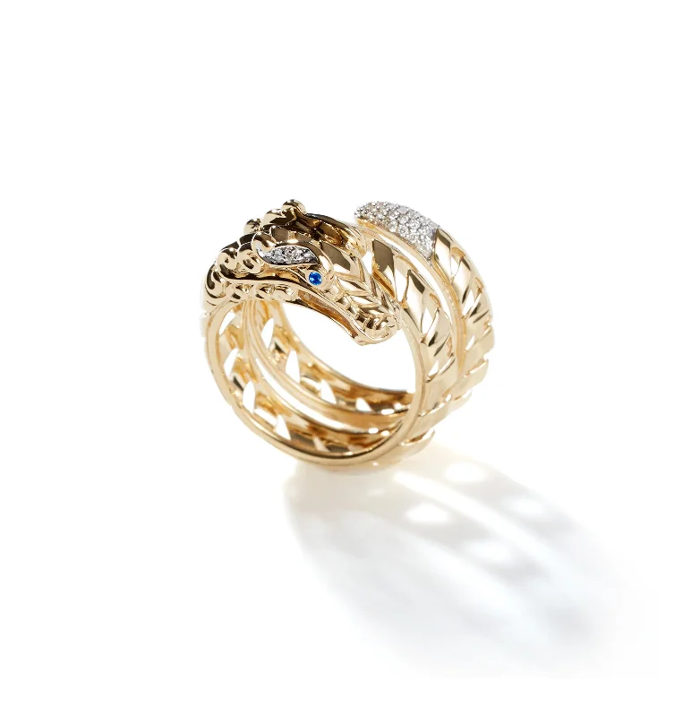 Rings with carved turquoise for artistic flair -John Hardy Naga Yellow Gold Diamond and Blue Sapphire Coil Dragon Ring