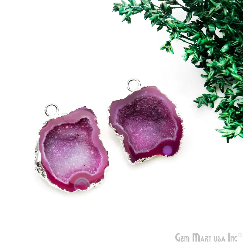 Rings with gothic rose quartz for drama -Geode Druzy 25x31mm Organic Silver Electroplated Single Bail Gemstone Earring Connector 1 Pair