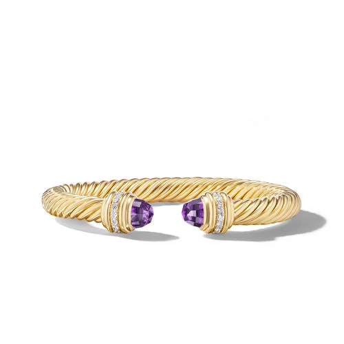 Silver bangles featuring vibrant turquoise stone inlays -Classic Cablespira Bracelet in 18K Yellow Gold with Amethyst and Diamonds, 7mm