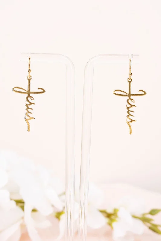 Drop Earrings for Beach Outfit -Crystal Avenue Goldtone Jesus Script Cross Earrings