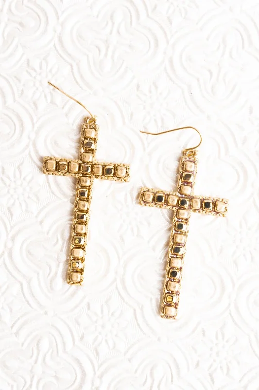 Crystal and Pearl Drop Earrings for Glamour -SALE! Goldtone  Cube Bead Cross Earrings