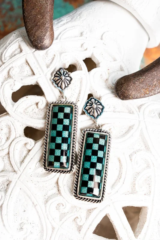 Clip On Drop Earrings for Non Pierced -TIPI Turquoise Cool Valley Check Bar Earrings