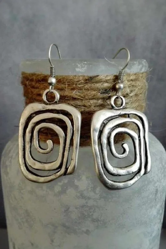 African Drop Earrings with Culture -Silvery Vintage Square Swirl Hook Earrings