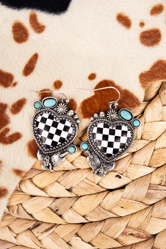 Gothic Drop Earrings with Dark Tone -Black Checkerboard Turquoise Heart Silvertone Earrings