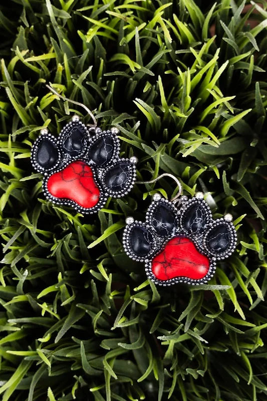 Drop Earrings with Vine Designs -Black and Red Silvertone Paw Print Earrings