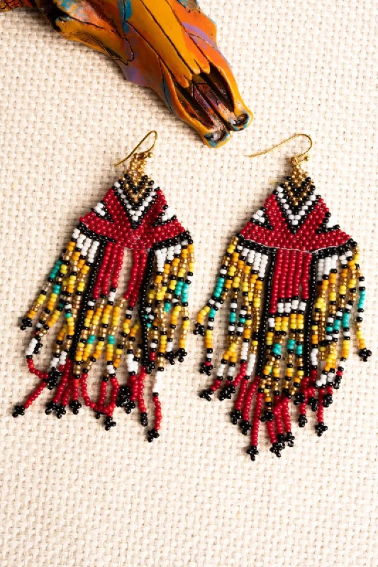 Drop Earrings for Festival Style -SALE! Echo Canyon Red Seed Bead Fringe Earrings