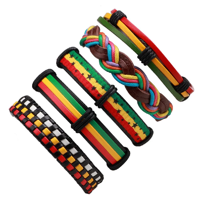 Bangles with vintage oxidized silver for charm -Wholesale Mexican Handwoven Genuine Leather Colorful Waxed Rope Bracelet Set