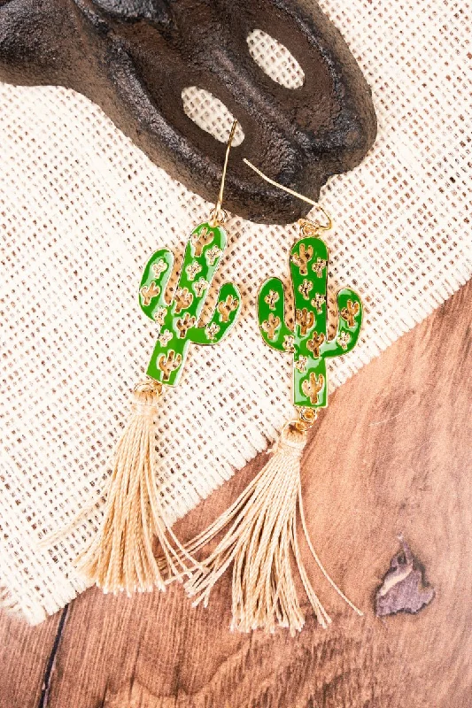 Drop Earrings with Symbolic Elements -Green Cactus Corral Tassel Earrings