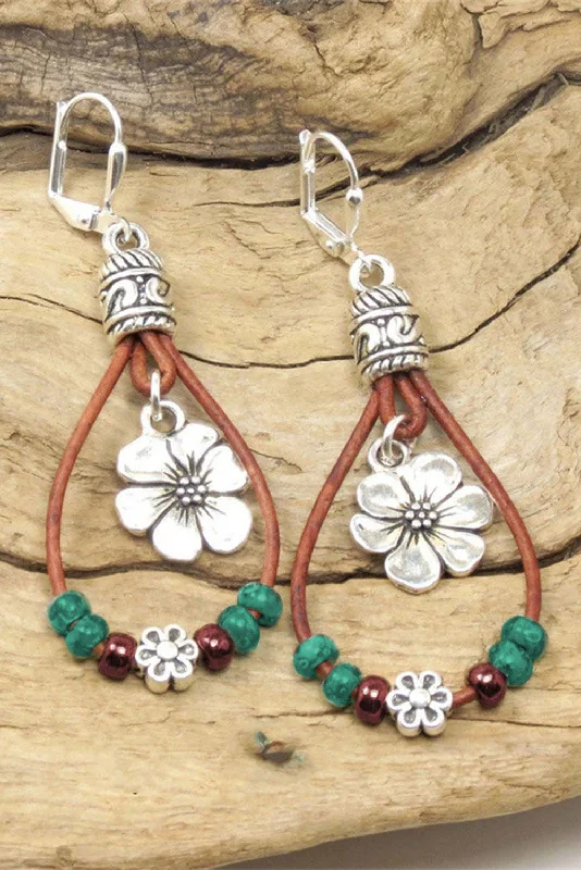 Star Shaped Drop Earrings for Charm -Silvery Western Leather Beaded Floral Dangle Earrings