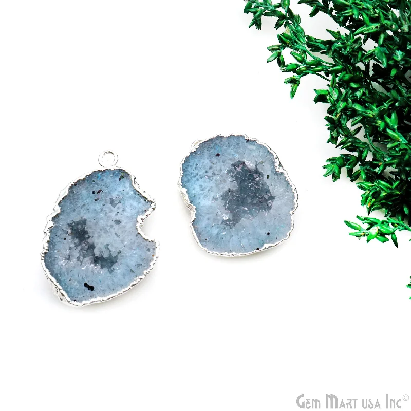 Rings with engraved constellations for stargazers -Geode Druzy 38x27mm Organic Silver Electroplated Single Bail Gemstone Earring Connector 1 Pair