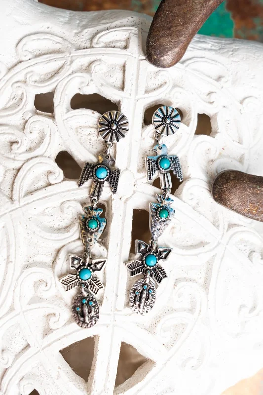 Drop Earrings with Filigree Work -TIPI Apache Junction Turquoise and Silvertone Drop Earrings