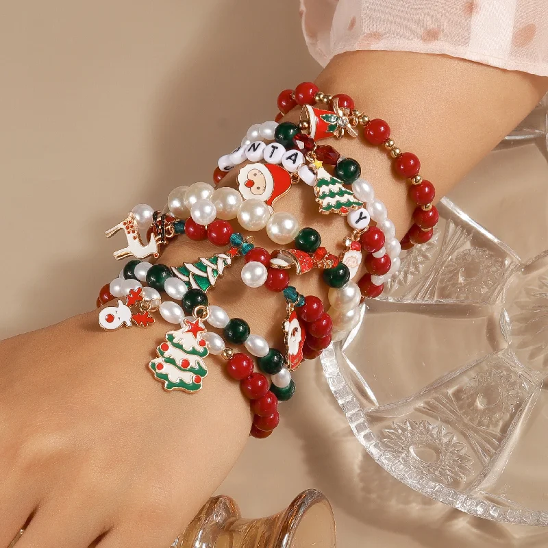 Bracelets with moonstone gems for mystic appeal -Wholesale Christmas Santa Claus Elk Beaded Bracelet