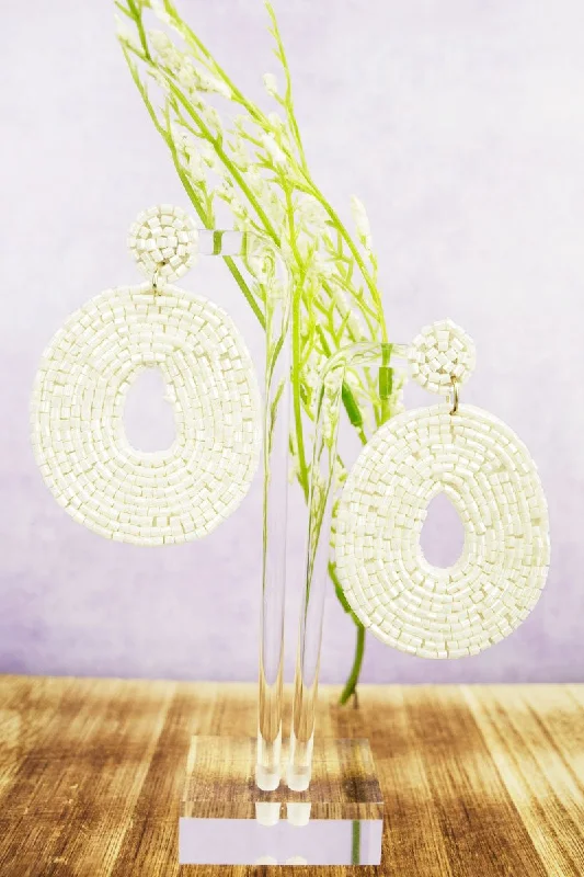 Long Drop Earrings for Dramatic -Viola Alder White Seed Bead Earrings