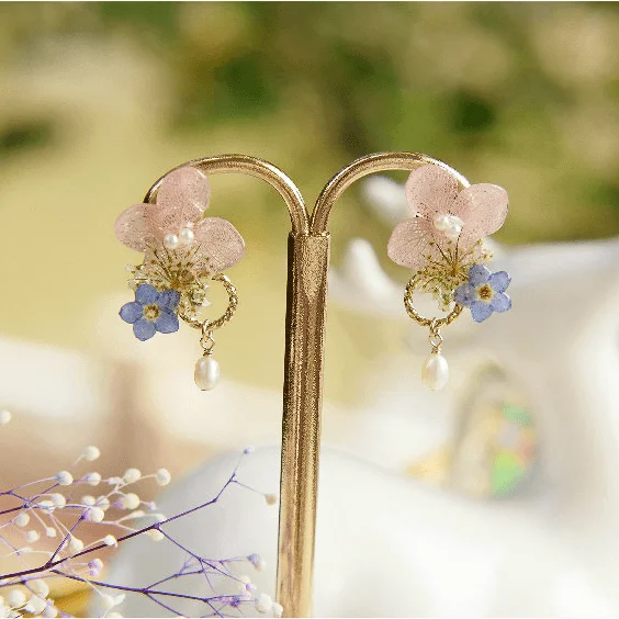 Hypoallergenic Drop Earrings for Sensitive -Small Flower Frame Hydrangea Forget-me-not Pearl Style Sterling Silver Earrings