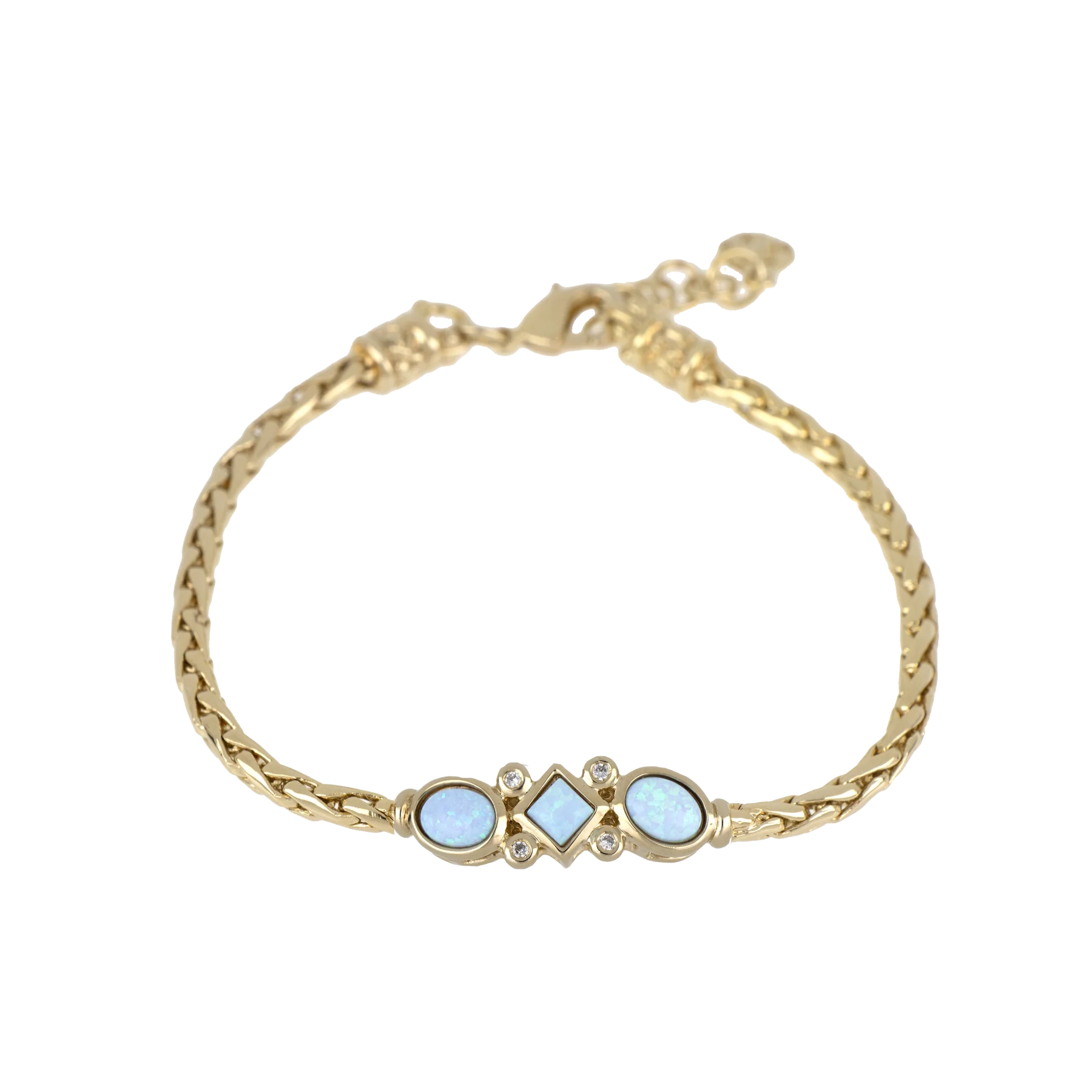 Bracelets with lotus motifs for spiritual vibe -Opalas do Mar Single Strand 3 Blue Opals CZ Bracelet Gold 7”