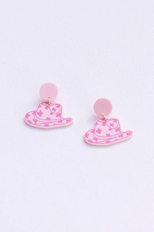 Drop Earrings for Beach Outfit -Western Pink Cowboy Hat Earrings