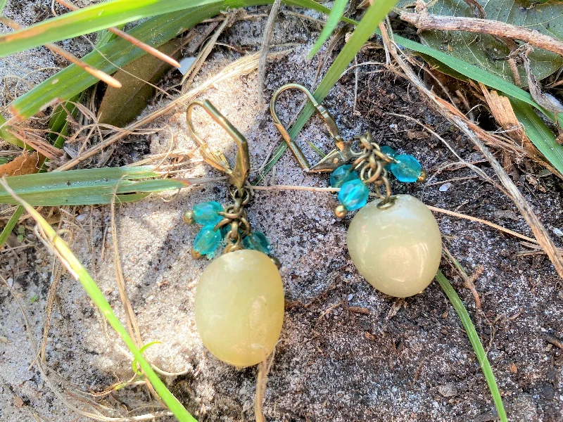 Drop Earrings with Filigree Work -Olive Teardrop Stone Earrings with Teal Glass Clusters