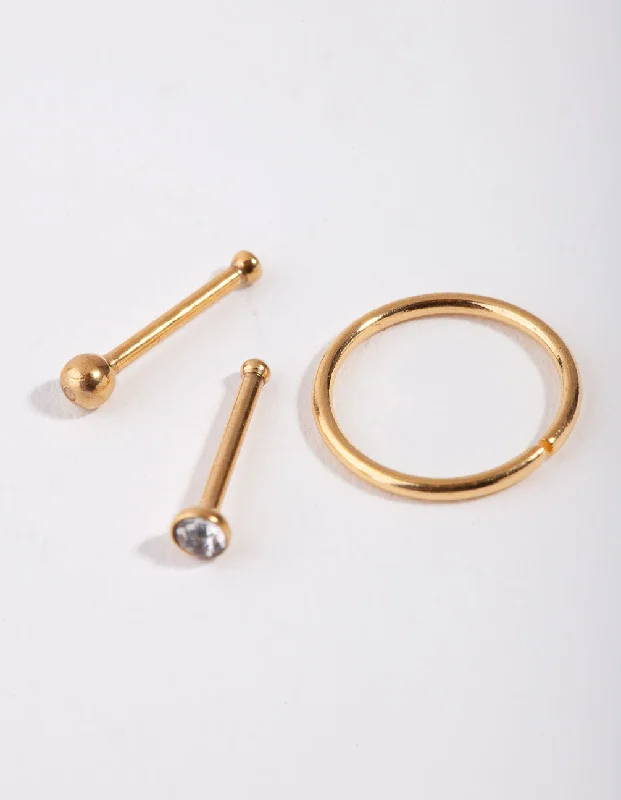 Rings with pink sapphire for delicate charm -Gold Ball & Diamante Nose Ring & Stud Pack