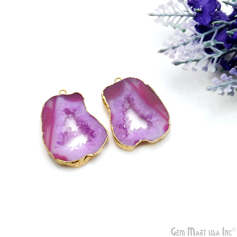 Rings with bold ruby stones for drama -Agate Slice 35x25mm Organic  Gold Electroplated Gemstone Earring Connector 1 Pair