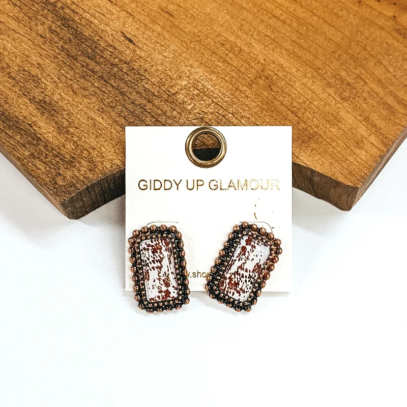 Drop Earrings for Party Look -Copper Tone Rectangle Earrings with Brown Cow Print Print Inlay