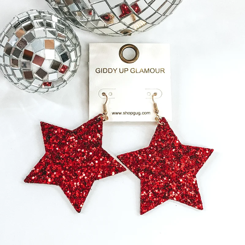 Drop Earrings with Textured Surface -Glitter Star Earrings in Red